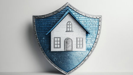 Illustration of a home security shield, white background, blue-roofed house, simple style, 3D rendering, high-resolution photography, high quality, high detail, high sharpness, high contrast, no shadows, white background, isolated on the edges. --chaos 30 --ar 16:9 --v 6.1 Job ID: 102844e3-8c17-4447-a43f-e12cadf1bbe5の素材