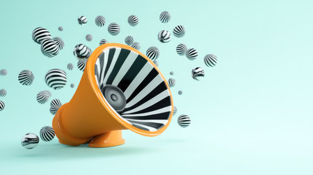 3D illustration of an orange retro gramophone with white, black, and blue striped balls flying around on a light turquoise background, in a minimalistic style. --chaos 30 --ar 16:9 --v 6.1 Job ID: 183d2efb-2119-4b2a-a26f-bfdb2a539c70の素材