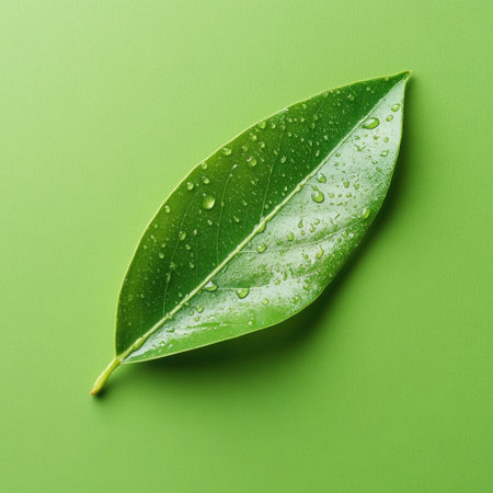 Green leaf with water droplets on a green background, stock photo, high-resolution photography, high definition --v 6.1 Job ID: fc2eb25c-c2d4-425b-a4ca-9b3b11e555d8の素材