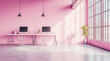 A modern office space with a pastel pink and green color palette, featuring minimalist furniture, large windows for natural light, high ceilings, computers on desks, and plants in vases, creating an atmosphere of creativity and collaboration. --chaos 30 --ar 16:9 --v 6.1 Job ID: a99a42e6-7f86-45c0-aa4b-43d73ef630d3の素材