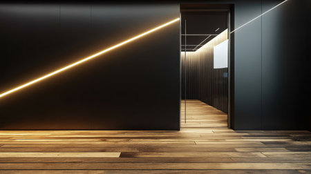 Black wall with a geometric white line design, wooden floor, and a glass door in a modern office interior. --chaos 30 --ar 16:9 --v 6.1 Job ID: 208db6d8-700b-4c8d-9f7e-59d61f103a20の素材