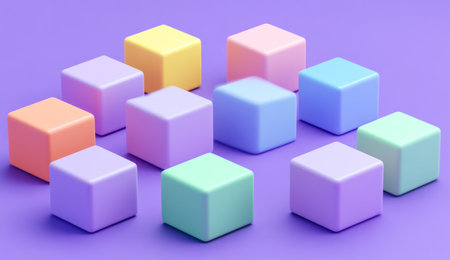 3D rendering of simple, cute, minimalistic pastel-colored square shapes on a purple background, in an isometric view. --ar 26:15 --v 6.1 Job ID: fc90f3a9-30da-4b7e-9bd7-f2949657ffffの素材