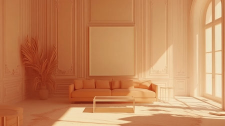 An empty rectangular frame mockup in white, placed on the wall of a modern living room with a square-shaped sofa and coffee table. The background is white paneled walls with some decorative pieces. The overall theme and tone have a warm, orange color. There are no windows visible in the scene. The photo was taken from a frontal angle. --chaos 30 --ar 16:9 --v 6.1 Job ID: bf873ab6-79dd-4cbf-b5c7-7f56ecc8d993の素材