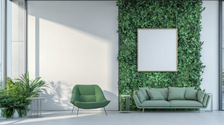 A green living room with white walls, a green sofa and chair, a vertical garden on the wall, a blank poster frame hanging above the couch, a white floor, modern home decor, high-resolution photography. --chaos 30 --ar 16:9 --v 6.1 Job ID: b6b216f9-3bba-434a-af02-e65465b5fc11の素材