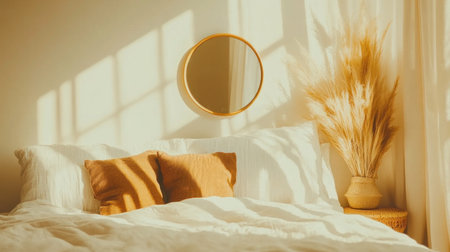 Beige wall, beige bed with white linens and brown pillows, small round mirror on the side table, beige curtains, boho-style interior, natural lighting, minimalism. --chaos 30 --ar 16:9 --v 6.1 Job ID: 7690771f-a45a-497f-82e2-92542001ee08の素材