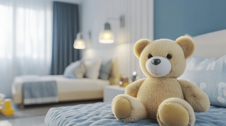 High-quality rendering of a children's bedroom interior design, featuring a bed with an elegant headboard and soft pastel colors, wall lights for illumination, modern furniture with silver accents, carpeted flooring, plush toys on the floor, blue accent walls, and white ceiling trim. A detailed view showcases a close-up of a teddy bear sitting next to a bedside table. The room is filled with light from two lamps hanging above the bed, creating a warm atmosphere. --chaos 30 --ar 16:9 --v 6.1 Job ID: 43095ae5-9362-4959-8947-a2134f568f21の素材