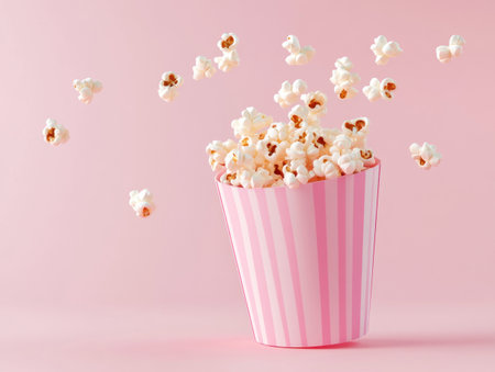 A pink paper bucket of popcorn floating on a pink background, minimalist design, 3D rendering, simple composition, wide-angle lens, high-resolution photography. --ar 4:3 --v 6.1 Job ID: 3ec38c59-e183-4d76-8428-cec284630021の素材