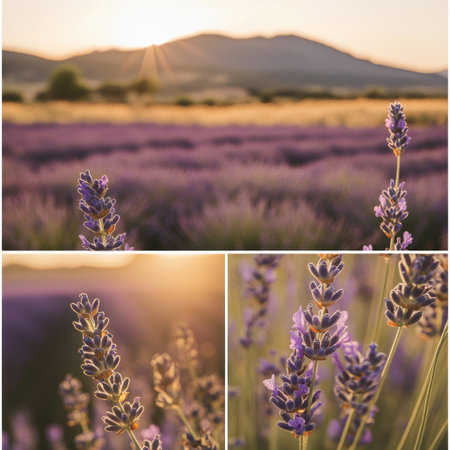 Lavender fields in the French countryside, mountains in the background, soft focus, bokeh effect, purple hues, golden hour lighting, shot with a Canon EOS R5 camera and an RF 60mm f/2.8 lens for close-up shots of individual lavender blooms. --v 6.1 Job ID: 81d5b588-9247-47bf-9018-e66bcba0b15eの素材
