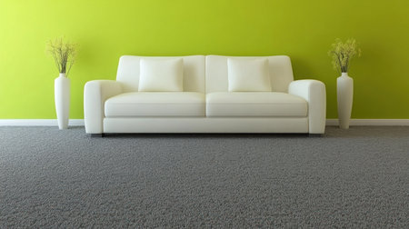 A living room with light green walls, a white sofa and armchair, and soft lighting. A grey carpet on the floor and two vases of flowers in neutral tones create an elegant atmosphere. The background is a plain green wall. High-resolution photography, insanely detailed with fine details, a stock photo with professional color grading, isolated on a pastel-colored background. --chaos 30 --ar 16:9 --v 6.1 Job ID: 08d00ce9-4740-41e5-bbbc-4ddde037af9dの素材