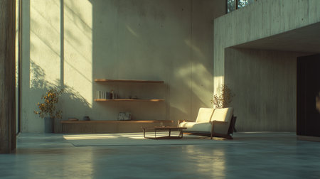 A minimalist interior design with an armchair, coffee table, and shelf against the wall. The room features concrete walls, a grey color scheme, modern furniture, decorative plants, and wooden accents. --chaos 30 --ar 16:9 --v 6.1 Job ID: 91861515-f77f-4565-9d1a-1b2899b8b303の素材