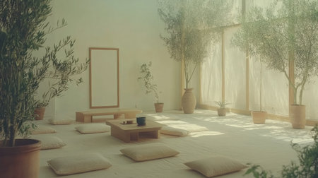 A living room with white walls, plants, and wooden furniture, a mock-up frame on the wall for artwork or a poster. The scene includes a sofa, coffee table, floor cushions, and potted greenery. There is space around it to add text or images. It has natural light coming in through large windows, creating an airy atmosphere. This style of photography captures everyday life in a home setting. --chaos 30 --ar 16:9 --v 6.1 Job ID: 7572114f-e97f-475a-bebb-8b5f8885dbf4の素材