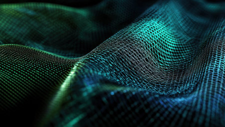 Abstract dark background with glowing wireframe grid waves. Dark blue and green colors, 3D rendering illustration. Black gradient background. Design element for a technology concept, digital design elements. High detail, hyperrealistic photography, realist cinematic lighting. --ar 53:30 --v 6.1 Job ID: fa772914-a3ce-4b28-b4ca-17387b87840eの素材