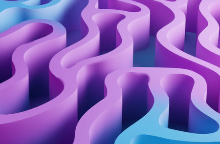 Abstract background with purple and blue waves in the shape of a maze, 3D rendering illustration, no people, no humans, no faces, no shadows, no figures, no mannequins, no female shapes, no animal shapes, only abstract patterns, simple, simple shapes, no details, no shadows, no gradient, no gradients, no color gradient, no colors, no color gradients, no gradient colors, no gradient colors, no color gradients, no color gradients, no color gradients, no colors, no shadows, no light effects, no shadow effect. --ar 23:15 --v 6.1 Job ID: d92a6dd1-28d7-4436-b500-af93dd914ccaの素材
