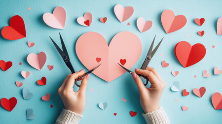 Photo of a person crafting Valentine's Day cards with paper and scissors on a light blue background, in a flat lay composition. Web banner for a craft blog post about cute Valentine's Day card ideas. --chaos 30 --ar 16:9 --v 6.1 Job ID: 83741b73-4928-4b24-b911-cb1c263e0f68の素材