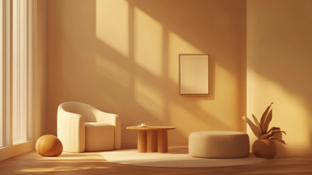 A minimalist modern living room with soft brown walls, sleek furniture, and a round coffee table, all against an empty wall for text or product display. The space is bathed in warm light from the side window, creating a cozy atmosphere. A single armchair sits at one end of the sofa, complementing two small leather ball-shaped footstools placed nearby. This setting creates a serene ambiance perfect for relaxation and contemplation. --chaos 30 --ar 16:9 --v 6.1 Job ID: 9ef1aaa8-8e7d-46f1-b5f5-633df63f82eeの素材