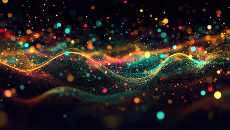 Abstract background with colorful, glowing waves and dots on a dark black backdrop, a concept for data technology. --ar 53:30 --v 6.1 Job ID: 711638e8-24e9-412c-a5e5-cad5d3ecf8dfの素材