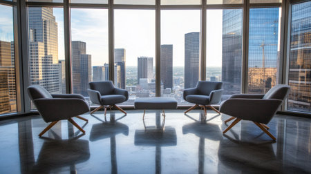 A modern office space with floor-to-ceiling windows, sleek gray sofas and chairs arranged around an open layout area, large concrete flooring, high ceilings, a cityscape view outside the window, natural light streaming in through multiple glass panels, a contemporary vibe, professional photography style, captured using a Canon EOS R5 camera with a wide-angle lens and natural lighting. --chaos 30 --ar 16:9 --v 6.1 Job ID: 816b09af-0ae5-4628-8174-0a0509914e29の素材