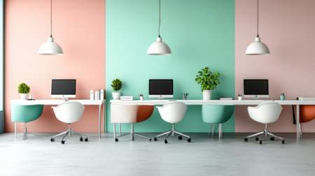 Colorful office interior with pastel pink and turquoise decor, featuring white desks, chairs, plants, windows, and computer screens. --chaos 30 --ar 16:9 --v 6.1 Job ID: 1e2736dd-e41d-4c37-86cd-544372f91015の素材