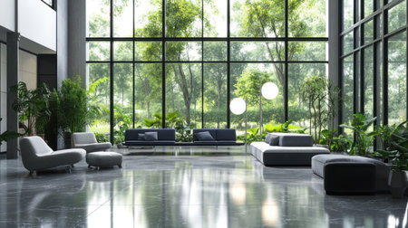 A modern office space with large windows, gray walls, and blue accents, comfortable seating areas including chairs and sofas, indoor plants adding greenery to the decor, ambient lighting creating an inviting atmosphere. Photography, using natural light from the large glass windows for soft shadows and highlights. --chaos 30 --ar 16:9 --v 6.1 Job ID: 77c1480b-1ade-4a31-8fb1-f0a81654eceeの素材