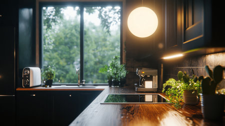 Black kitchen with a modern interior design, illuminated by soft light from the right side. The countertop is made of dark wood and features green cacti on it. There's an island in front of the sink that has a round white lamp hanging above it. In one corner, there's a coffee machine, while behind us, we can see a window overlooking trees. On both sides, black cabinets line up to form the walls. This photo was taken using a Canon EOS R5 camera. --chaos 30 --ar 16:9 --v 6.1 Job ID: f0198d09-e430-42e9-9f6f-dc5d98c281b5の素材