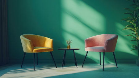 A photo of two modern chairs in the colors mustard and coral with black legs, centered on a terrazzo floor against an emerald green wall. A small round table between them is also colored in the style of technology. The room has minimalist decor and lighting that creates a sense of calmness and tranquility. --chaos 30 --ar 16:9 --v 6.1 Job ID: bca1d29c-0662-4728-a91a-76362cbaf6daの素材