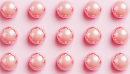 Cute, pink spheres, soft and dreamy, floating in the air on a pastel background. The composition is centered, with each sphere placed evenly apart from one another, creating an aesthetically pleasing visual effect. Each ball has a smooth surface that reflects light beautifully, adding to its overall beauty. This design would be suitable for various creative projects or as decorative elements, combining elegance with simplicity. --ar 53:30 --v 6.1 Job ID: b94c3d12-be41-4855-bc84-c09a13ebfdaeの素材