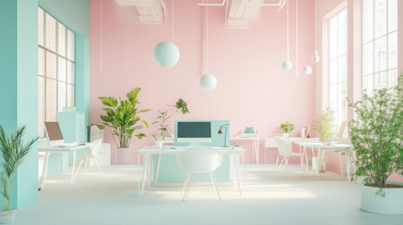 A modern office with pastel pink and turquoise colors, featuring desks, chairs, computers, plants, and bright windows. --chaos 30 --ar 16:9 --v 6.1 Job ID: fe3b1b40-0d2c-4cef-92a8-6502e0d7f0a2の素材