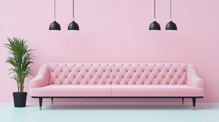A pink velvet sofa with a black coffee table and hanging pendant lights, a plant in a pot on the left side of the room, a pastel pink wall background, interior design photography, natural light, ultra-realistic. --chaos 30 --ar 16:9 --v 6.1 Job ID: cf202798-9224-4d92-b860-262b2c50cf44の素材