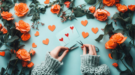 Photo of a person crafting Valentine's Day cards with paper and scissors on a light blue background, in a flat lay composition. Web banner for a craft blog post about cute Valentine's Day card ideas. --chaos 30 --ar 16:9 --v 6.1 Job ID: 83741b73-4928-4b24-b911-cb1c263e0f68の素材