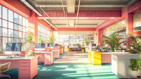 Colorful office interior with pastel pink and turquoise decor, featuring white desks, chairs, plants, windows, and computer screens. --chaos 30 --ar 16:9 --v 6.1 Job ID: 1e2736dd-e41d-4c37-86cd-544372f91015の素材