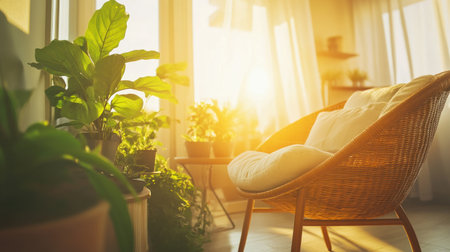 A rattan chair with white cushions and wooden legs, along with an end table adorned with green plants against the backdrop of a bright room with sunlight streaming through sheer curtains. The scene exudes warmth from natural light and airy ambiance. --chaos 30 --ar 16:9 --v 6.1 Job ID: 5f498433-172e-4b95-ad4e-42e0fc8eccd7の素材