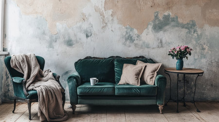 A photo of an elegant green sofa in front of a wall, with concrete walls and wooden floors. The scene includes a small table or side tables, a chair, a coffee mug on it, a flower pot, a blanket, and an armchair. The interior design style is minimalist, and natural light illuminates the space, creating soft shadows. --chaos 30 --ar 16:9 --v 6.1 Job ID: 9bc2826b-5f89-40bc-aeb7-8193b39db4faの素材