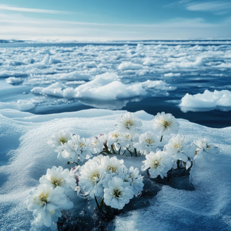 In the icy sea, there are blooming arctic flowers on it. The white snow and blue water create a dreamy scene. In front of you lies a large area of cold ocean with scattered floating ice blocks. This photo was taken with a Sony Alpha A7 III using a macro lens, resulting in high resolution and ultra-high definition. High-quality photography captures the details in every aspect. --v 6.1 Job ID: c86e447c-4dda-4d4d-b746-a58c675d2ceeの素材