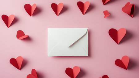 Photograph of a blank white card and envelope on a pastel pink background with red paper hearts, flat lay, minimalist style. --chaos 30 --ar 16:9 --v 6.1 Job ID: c9136866-cff0-4934-96ee-312b82615f17の素材
