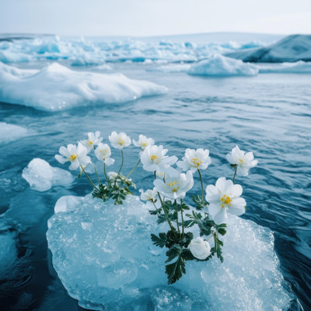 In the icy sea, there are blooming arctic flowers on it. The white snow and blue water create a dreamy scene. In front of you lies a large area of cold ocean with scattered floating ice blocks. This photo was taken with a Sony Alpha A7 III using a macro lens, resulting in high resolution and ultra-high definition. High-quality photography captures the details in every aspect. --v 6.1 Job ID: c86e447c-4dda-4d4d-b746-a58c675d2ceeの素材