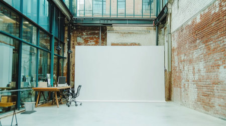 A photo of an empty white wall in the corner, in front of a modern office interior with glass walls and brick walls. There's also a desk on one side of it, and chairs around it. The floor has light grey concrete, and there are other desks behind that wall. This space could be used for showcasing products or as part of your brand marketing in the style of mockup photography --chaos 30 --ar 16:9 --v 6.1 Job ID: 195b4666-274e-4d78-844d-ee3afee53fe8の素材