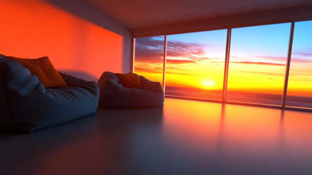Modern living room interior with a gray sofa and armchairs, a warm color palette, large panoramic windows on the left side, a minimalistic design, an accentual style of photography, evening lighting, hyper-realistic, super-detailed, 8K resolution, taken with a Canon EOS camera, using Kodak film. --chaos 30 --ar 16:9 --v 6.1 Job ID: 373e388c-73af-4e78-948e-12d5a2f4ca87の素材