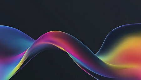 Black background, rainbow-colored waves on the left side of the screen, an elegant curved shape with black edges, and a colorful gradient flowing from top to bottom. --ar 53:30 --v 6.1 Job ID: 85f576e2-51ee-4361-85ef-38020090f875の素材
