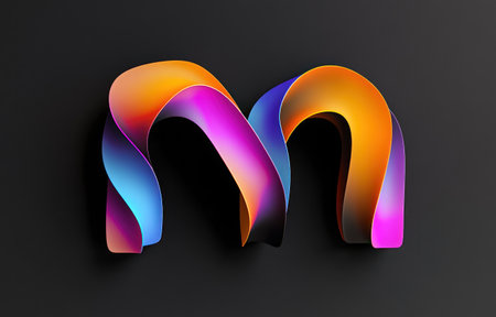 Black background, colorful curves of the letter "m", three-dimensional curves with a black gradient color and curved lines, the curved shape of two "m" letters overlapping each other in an S-shaped form, a three-dimensional abstract design style, colorful curves, a minimalist composition, a minimalist artwork. --ar 47:30 --v 6.1 Job ID: 22f9357e-cf4a-47da-a523-0dbe98793136の素材