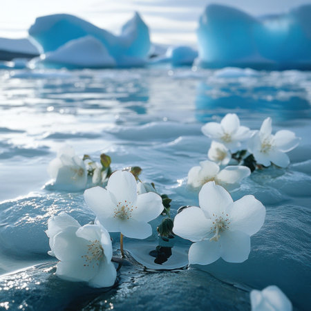 In the foreground, white flowers float on ice in an Arctic landscape. In the background, you can see blue icebergs floating on seawater. The photo was taken with a Canon EOS camera and is very realistic. --v 6.1 Job ID: c7dbb58f-06df-4f60-8a28-2ca416f33748の素材