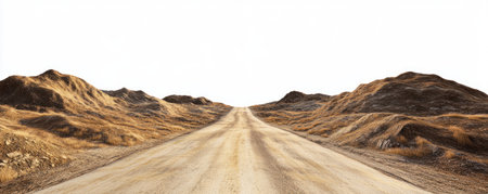A photorealistic dirt road in the desert, with hills on both sides, against a white background, and no mountains. --ar 5:2 --v 6.1 Job ID: bfbe3c95-229e-4e7d-829b-bce4b905e1d0の素材