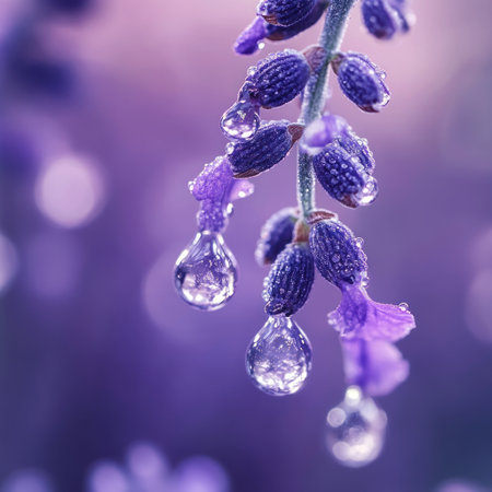 Lavender flowers and dewdrops, close-up, purple background, crystal drops hanging from the petals of lavender, macro photography style, soft lighting, delicate texture, purple tones, blurred foreground elements, blurred focus on the background, high-definition image quality. --v 6.1 Job ID: a2cc25cf-d2b5-4a1f-9065-140f46e4752fの素材