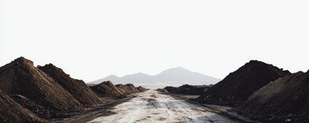 A road leading to the mountains, with piles of dirt on both sides, white background, panoramic view, ultra-wide angle lens, desert environment, sunny day, telephoto lens, high contrast, natural light, gray tones, loneliness, and mystery, in the style of [Artist name]. --ar 5:2 --v 6.1 Job ID: 7f0cd775-443f-449e-bdd4-9c0256a2edf2の素材