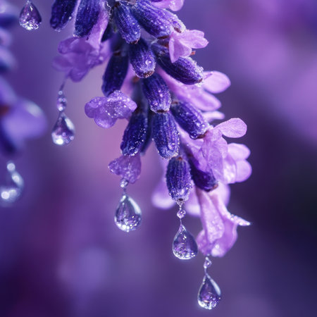 Lavender flowers and dewdrops, close-up, purple background, crystal drops hanging from the petals of lavender, macro photography style, soft lighting, delicate texture, purple tones, blurred foreground elements, blurred focus on the background, high-definition image quality. --v 6.1 Job ID: a2cc25cf-d2b5-4a1f-9065-140f46e4752fの素材