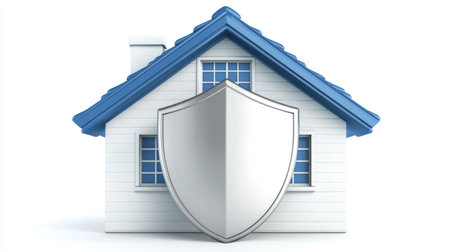 Illustration of a home security shield, white background, blue-roofed house, simple style, 3D rendering, high-resolution photography, high quality, high detail, high sharpness, high contrast, no shadows, white background, isolated on the edges. --chaos 30 --ar 16:9 --v 6.1 Job ID: 102844e3-8c17-4447-a43f-e12cadf1bbe5の素材