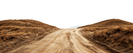 A photorealistic dirt road in the desert, with hills on both sides, against a white background, and no mountains. --ar 5:2 --v 6.1 Job ID: bfbe3c95-229e-4e7d-829b-bce4b905e1d0の素材