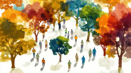 A colorful watercolor-style vector illustration of trees made from different colors, representing the concept of social network connections, with an empty white background. The design includes human figures connected by lines to symbolize interaction and connection within virtual networks. There is also text on the top or bottom indicating "FGU". This vibrant artwork creates a visually appealing representation of technology's role in connecting people across digital platforms. --chaos 30 --ar 16:9 --v 6.1 Job ID: 34b94620-0146-407e-9867-6d6c8fcae046の素材