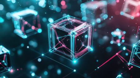 Abstract digital background with glowing cubes and lines, creating an atmosphere of futuristic technology and data science. The colors include shades of blue, purple, pink, red, and green, with the focus on a dynamic pattern of interconnected blocks. This design symbolizes innovation in the field of technology. --chaos 30 --ar 16:9 --v 6.1 Job ID: e0cd25d8-3211-45d1-9433-7961f61782f1の素材