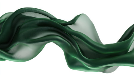 3D green silk fabric flowing on a white background, with a wave-like shape. This is a simple and clean design of a green cloth element, isolated on a white background, in high resolution. --chaos 30 --ar 16:9 --v 6.1 Job ID: 62eda517-a0bc-4f03-a4a7-65fe54f870ffの素材