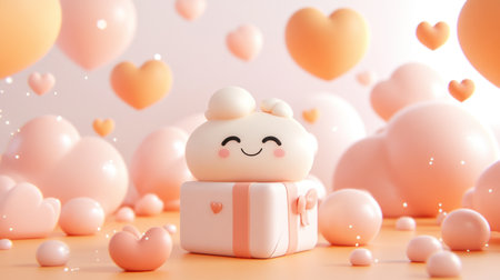 3D rendering of a Valentine's Day background on a peach-colored surface with plenty of copy space. Cute rose and heart-shaped frame decorations in a cartoon style, with a cute, kawaii-style smiling gift box in a white tone with a pink ribbon, viewed from the top with a soft focus. A simple studio setting with a warm light. Minimalistic studio lighting creates a simple yet elegant composition showcasing the objects against a clean backdrop. Captured with a Nikon Z6 II and an f/8 lens, using natural lighting. --chaos 30 --ar 16:9 --v 6.1 Job ID: edd0580f-8316-4b44-bc45-4d2262448cccの素材